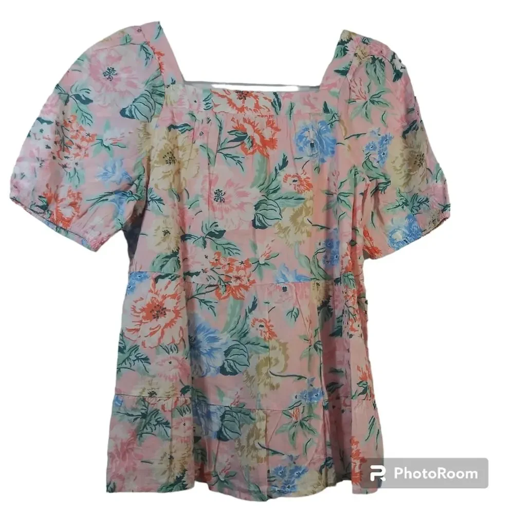 Loft Garden Lacy Tiered Square Neck Top Angel Pink Size Small